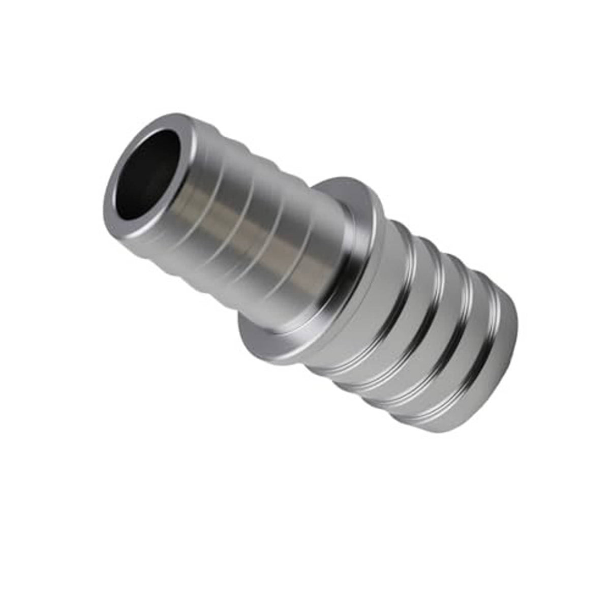 Silver aluminum barbed hose connector, ribbed coupler with circular black inlet