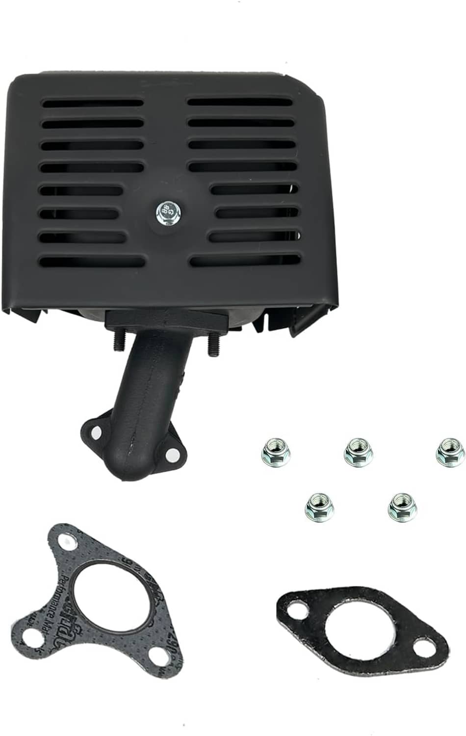 Black muffler silencer top view with exhaust pipe and gasket rings
