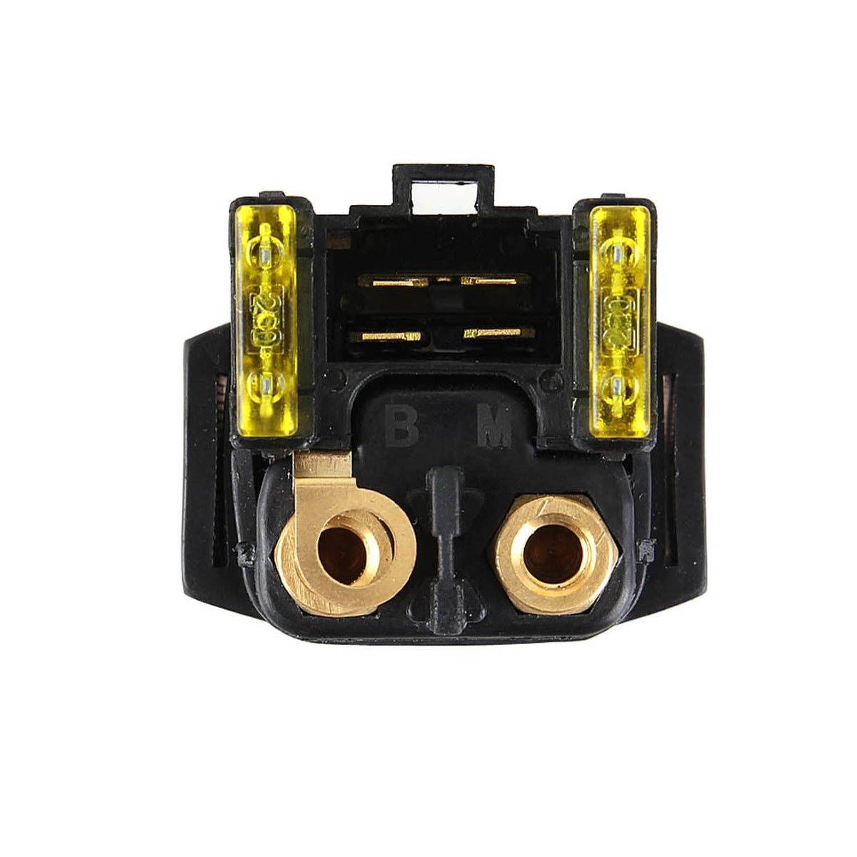 ATV starter solenoid relay assembly close-up with two brass terminals and yellow fuse covers