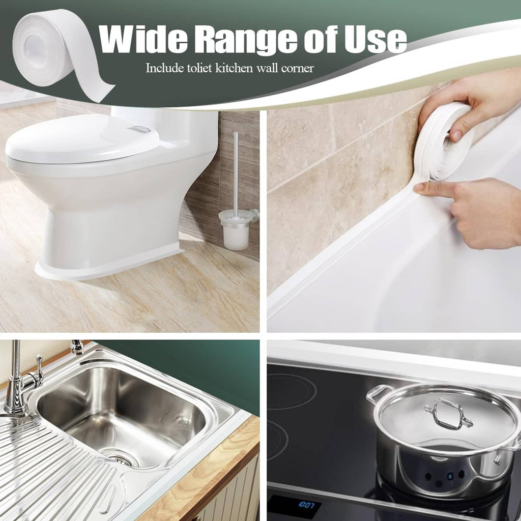 White caulk tape roll with strip applied around toilet base and countertop edges