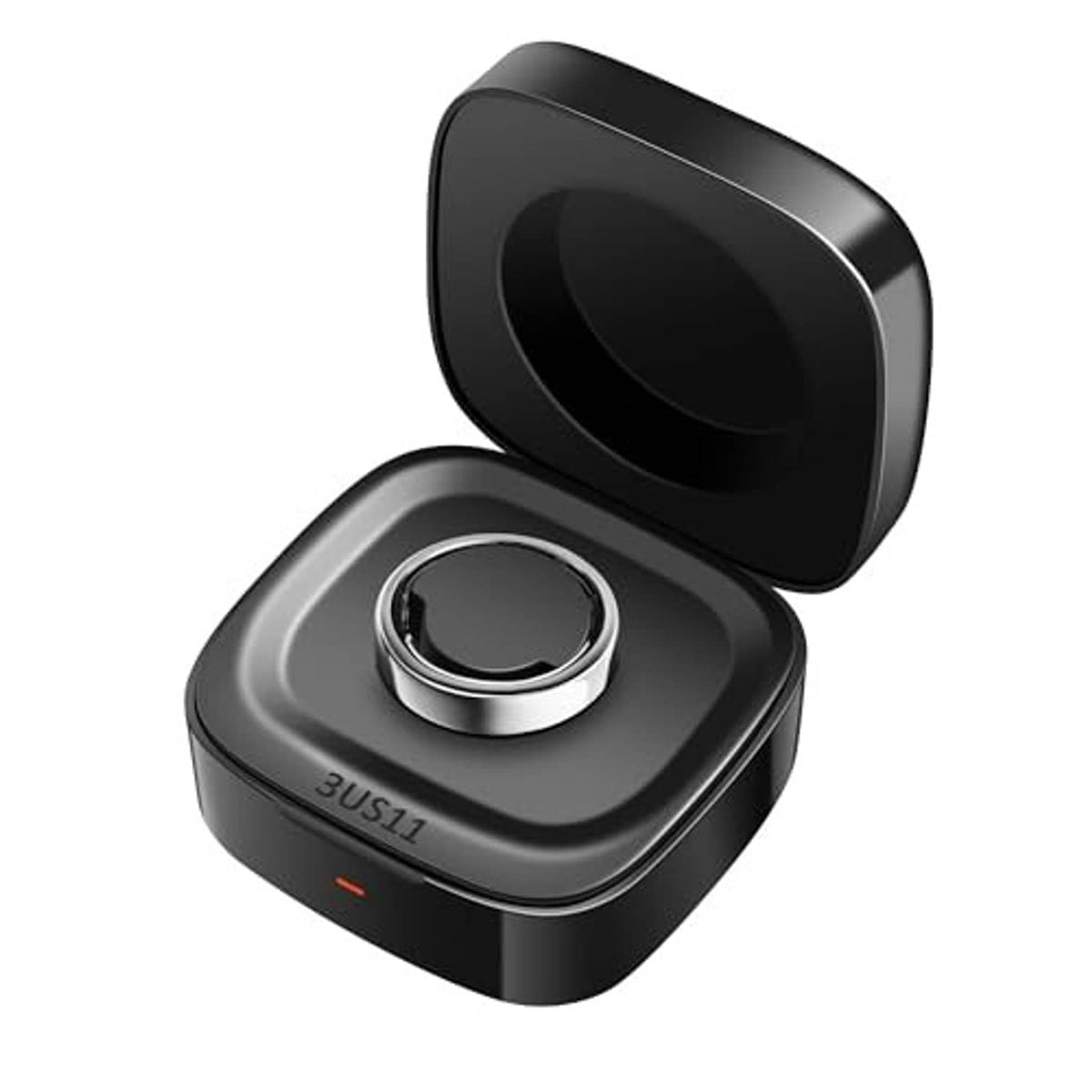 Black charging case with lid open, showing round charging cradle and base