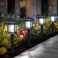 Outdoor solar pathway lights, black lantern tops on tall spikes, cool white glow