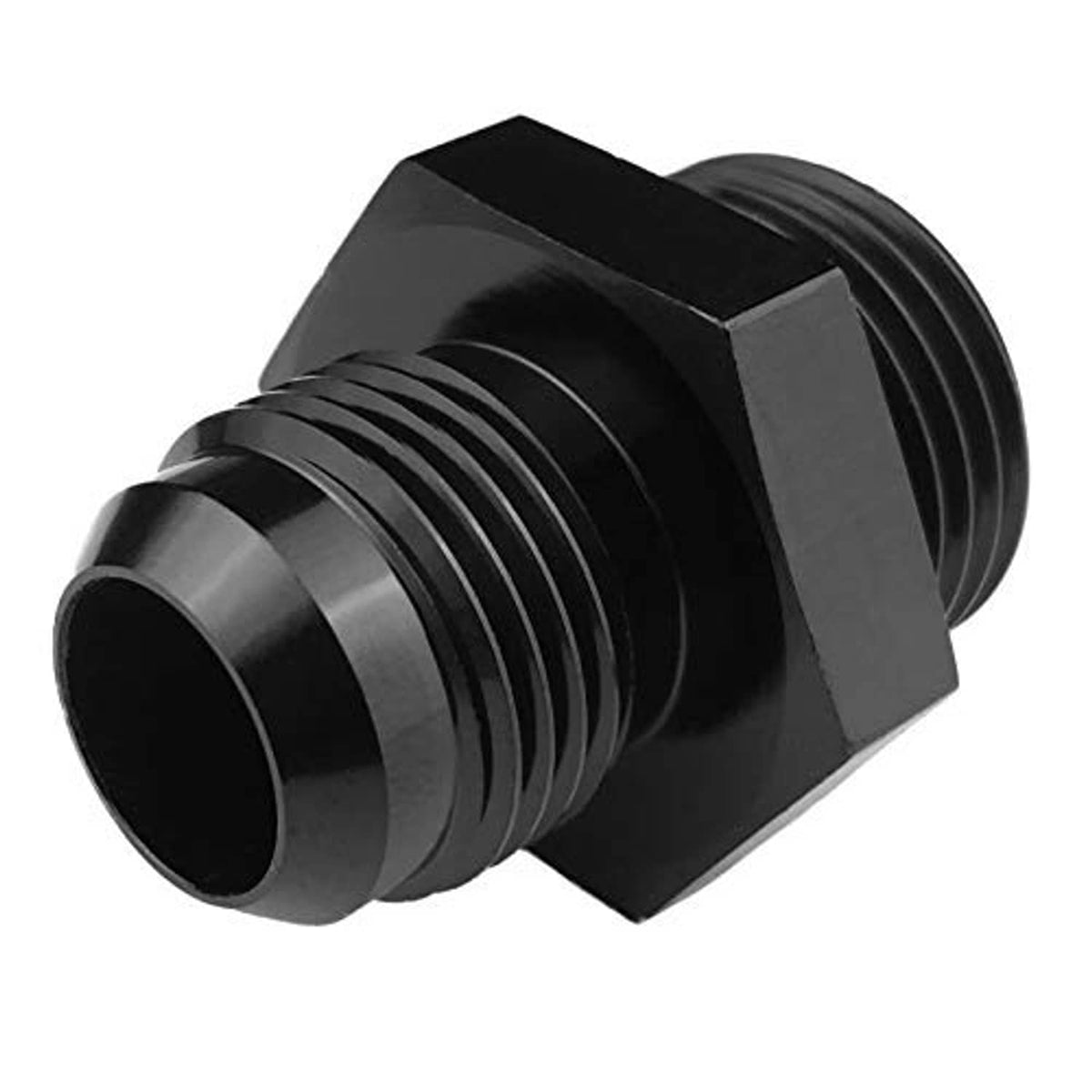 Black AN flare adapter with hex wrench flats and external threads on both ends