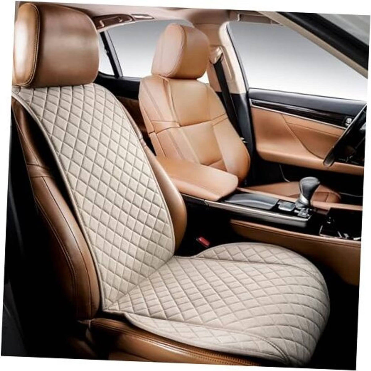 Beige faux linen car seat cover, quilted front seat cushion with matching headrest