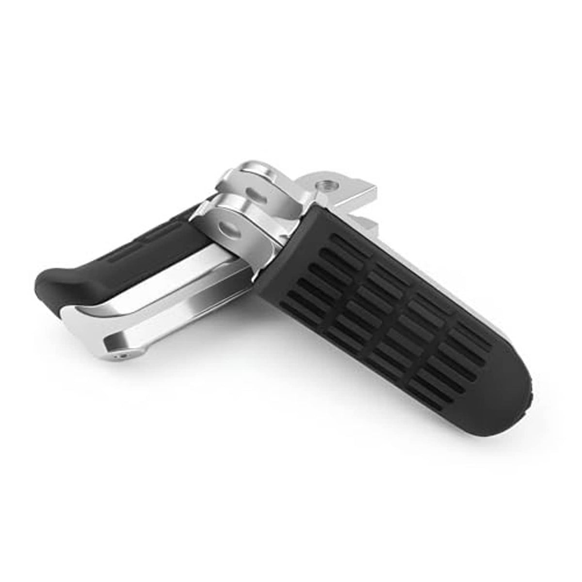 Motorcycle foot pegs with black rubber grips and silver lever-style mounting, side view