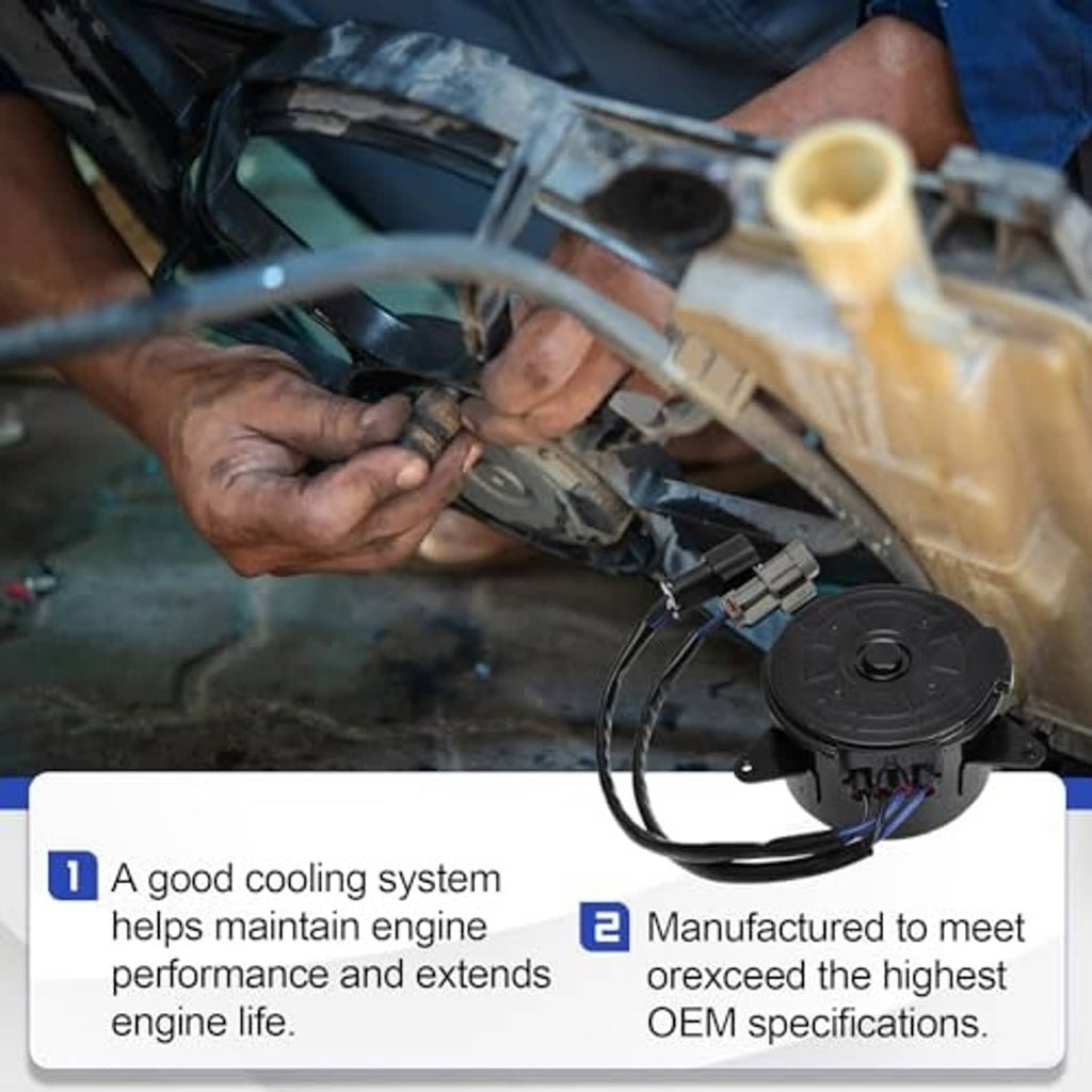 Radiator fan motor being installed in engine bay with wiring harness