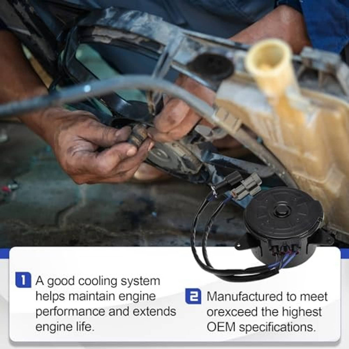 Radiator fan motor being installed in engine bay with wiring harness
