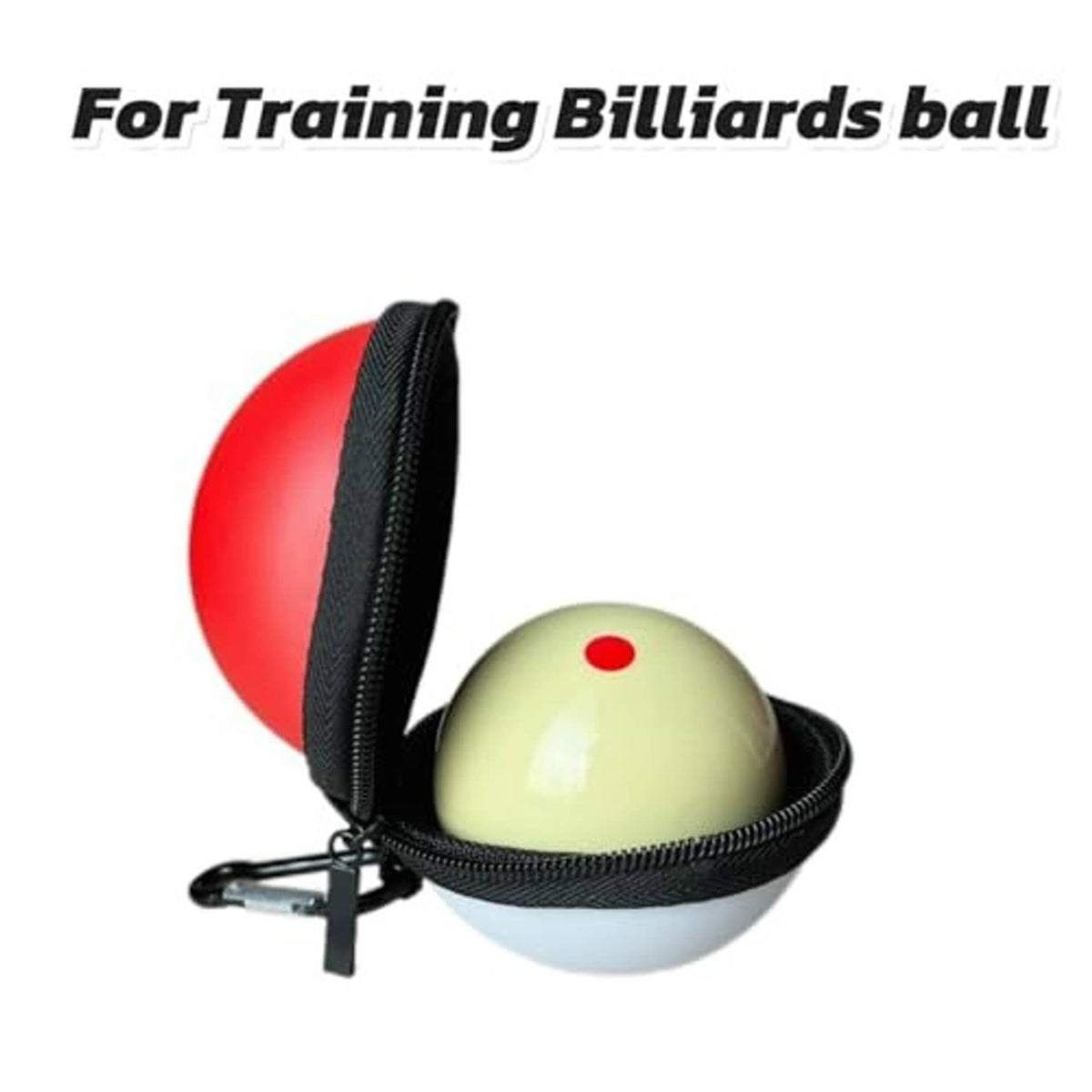 Clip-on training pool ball case holding a yellow ball, with black zipper and clip