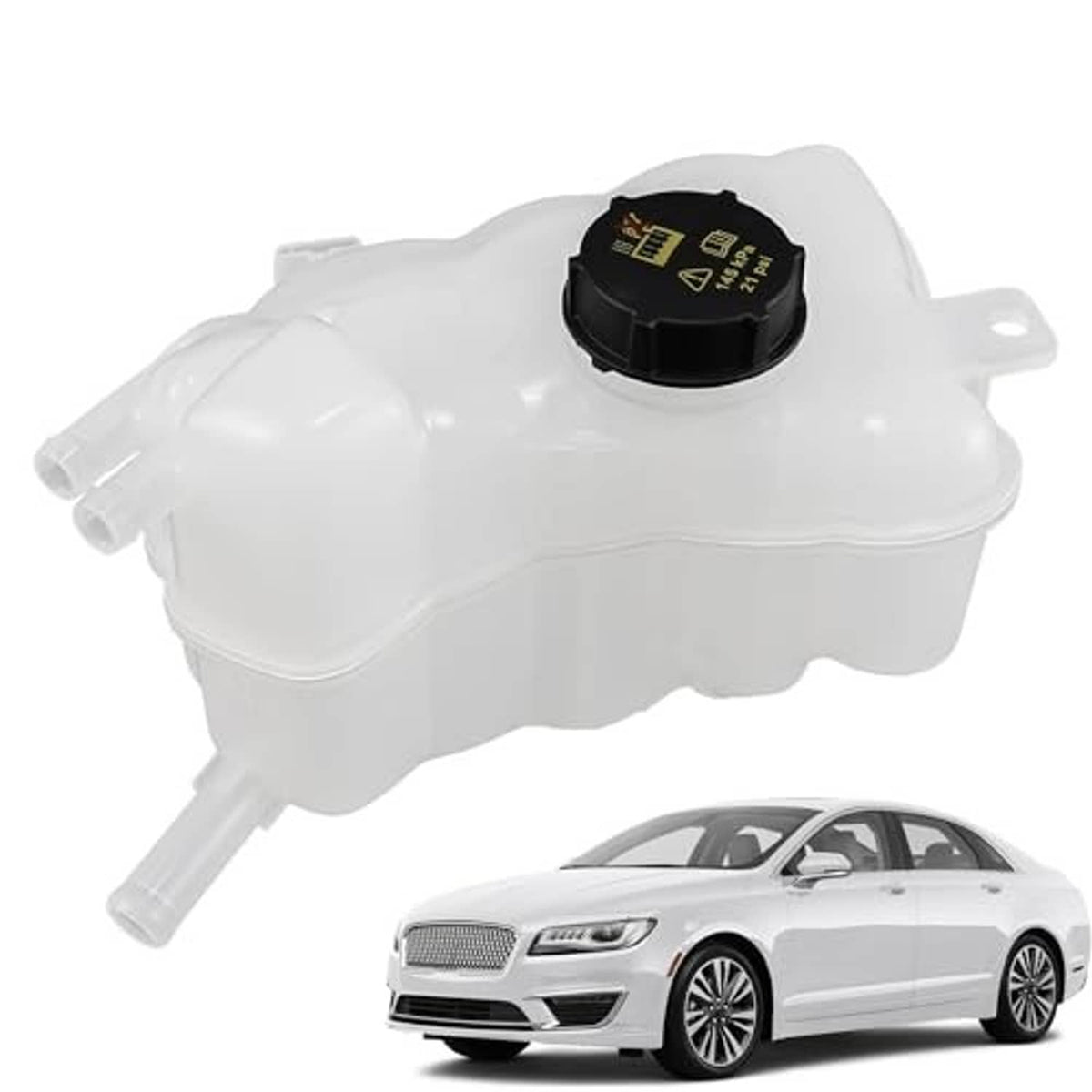 White coolant overflow reservoir tank with black cap, side view