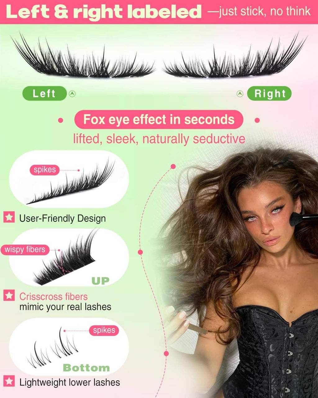 Left and right labeled fox-eye lash clusters, black, for quick stick-on fit