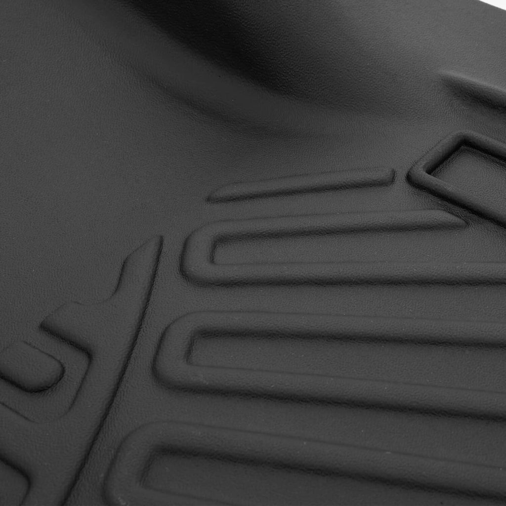 Close-up of black molded floor mat texture with raised guide grooves