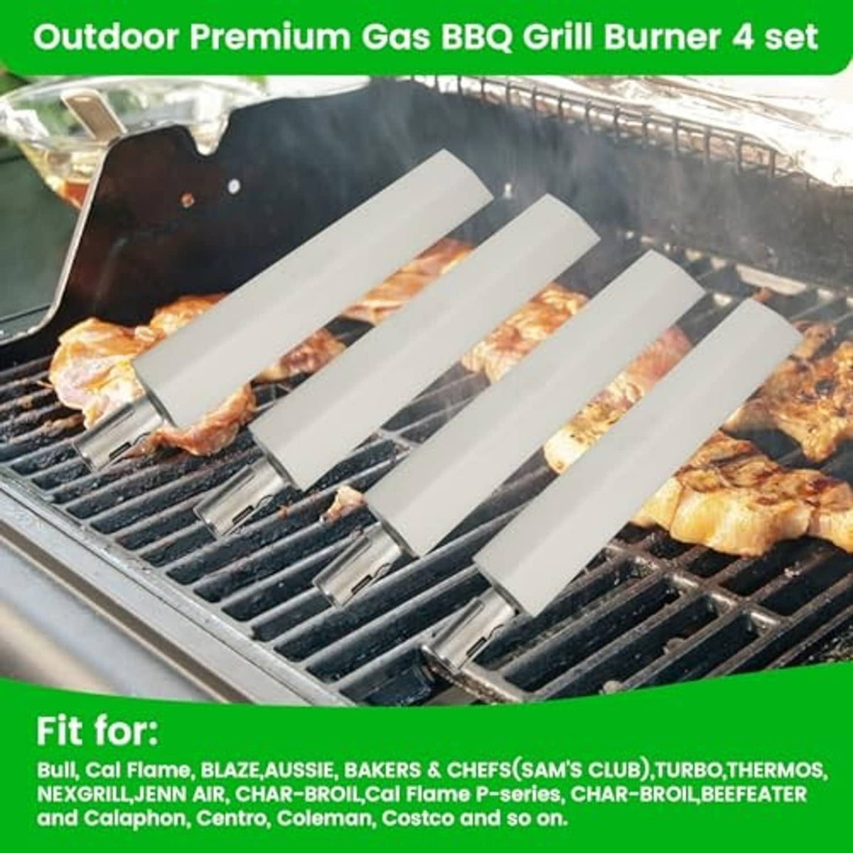 Stainless steel BBQ grill burners installed over grates with visible flames