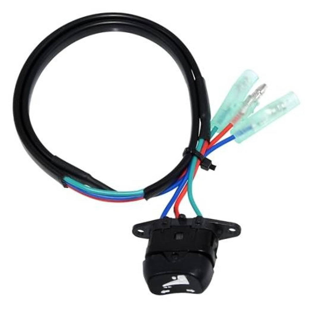 Power trim and tilt switch wiring harness with black cable, multicolor leads, connector