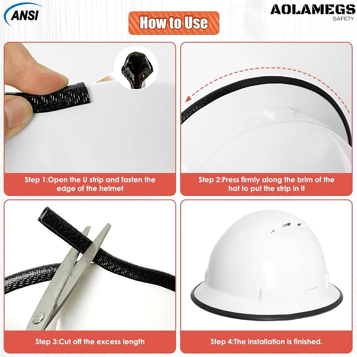 Black full brim hard hat guard installation steps on a helmet brim