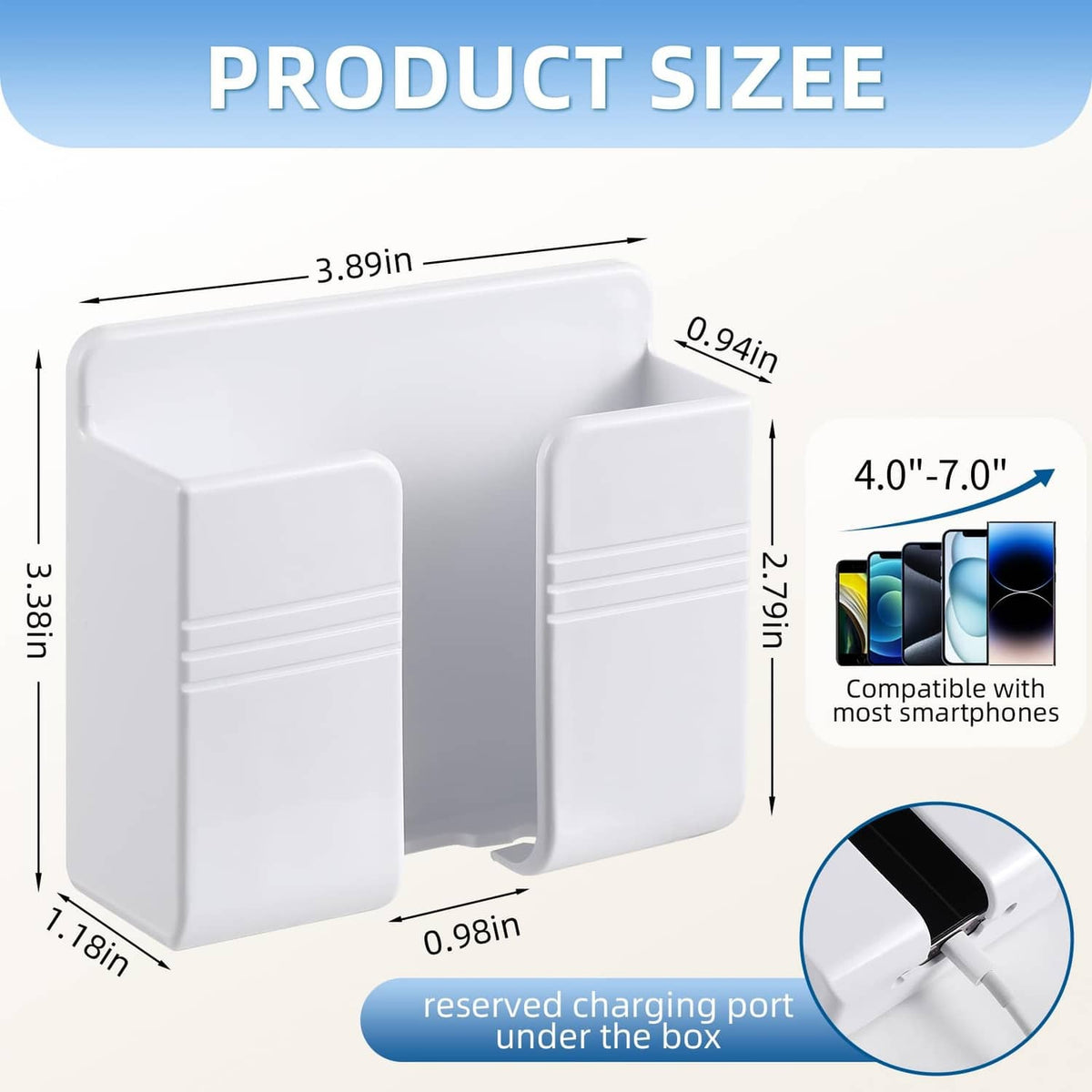 White wall phone holder with dual clamp design and cable pass-through cutout