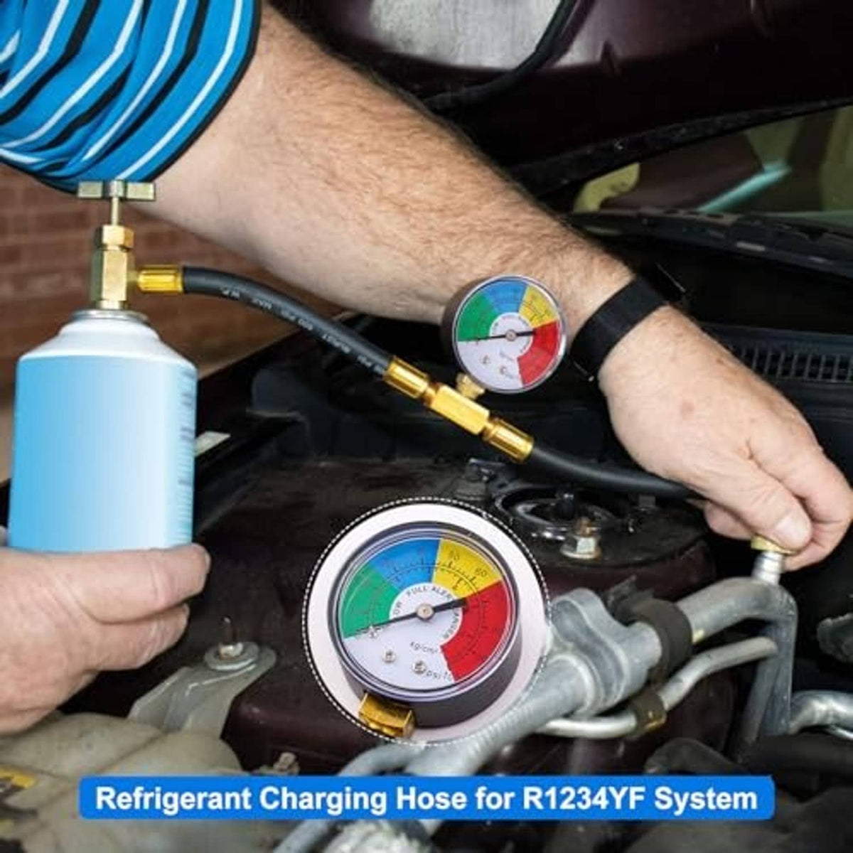 Refrigerant charging hose kit with pressure gauge connected to AC service