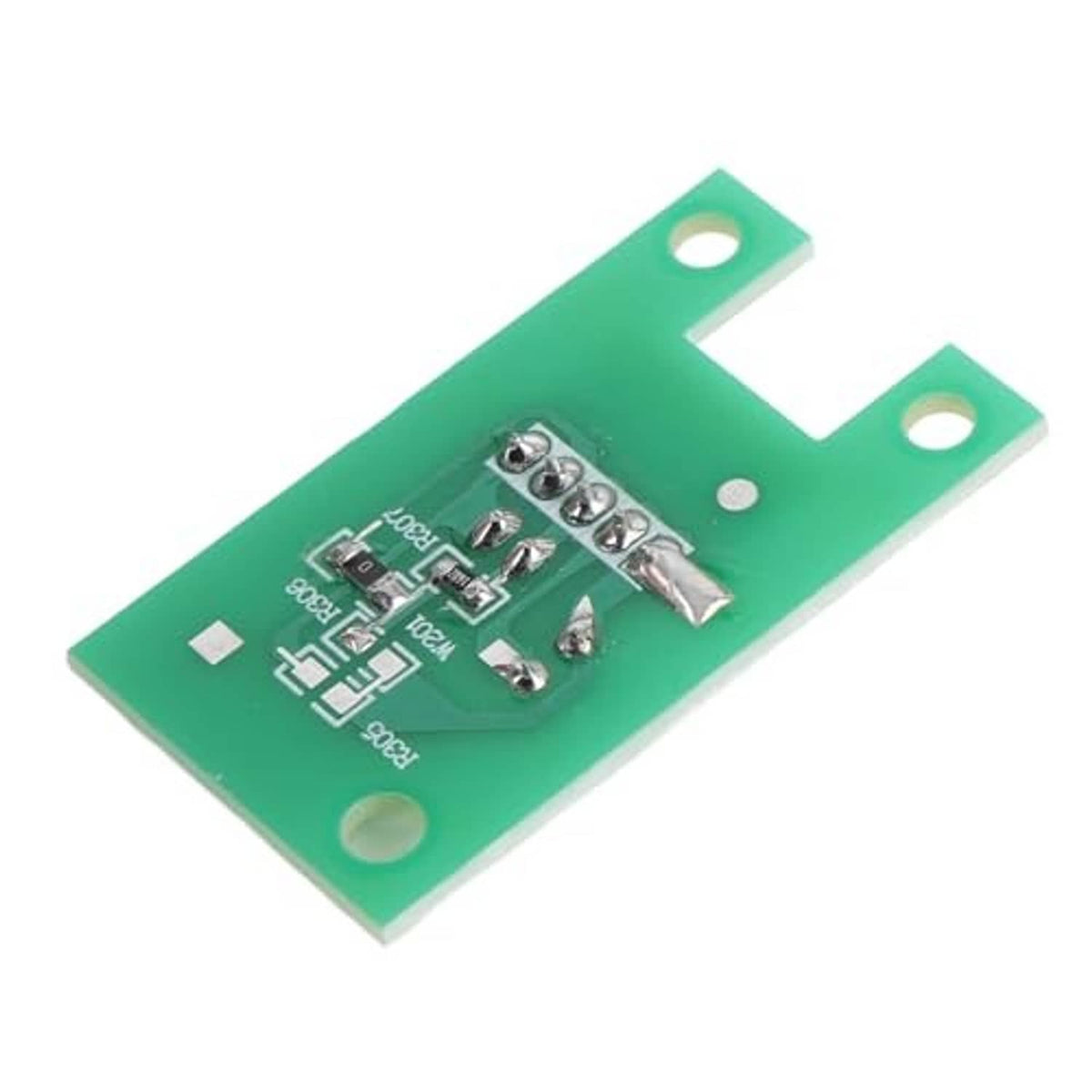 Green humidity sensor circuit board with mounting tabs and soldered electronic components