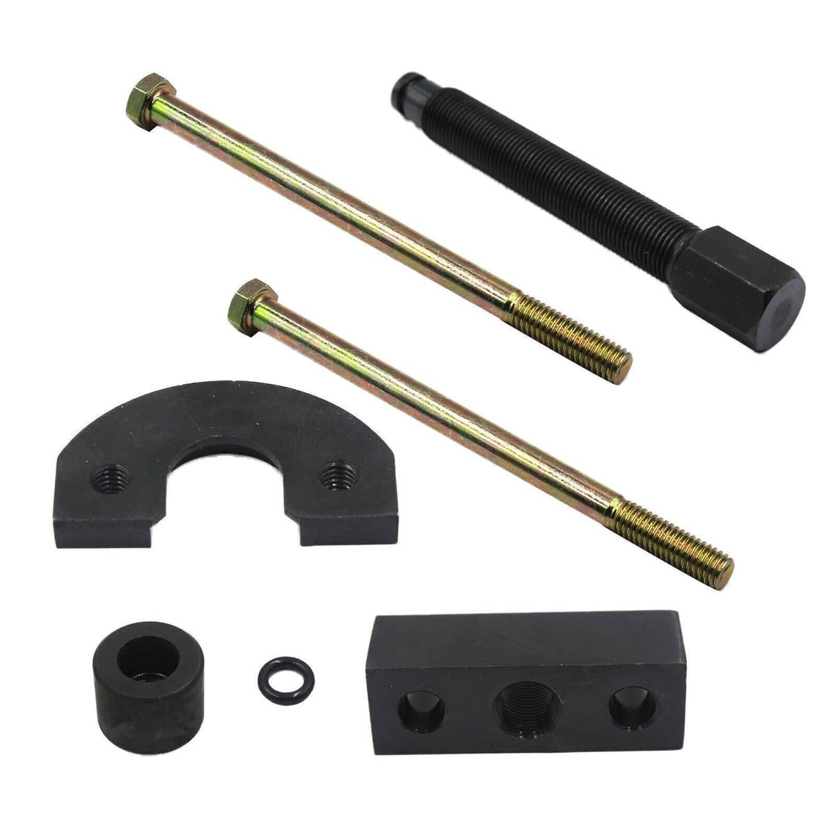 Bearing race puller tool kit parts: U-bracket, threaded rods, black spacer, and hardware