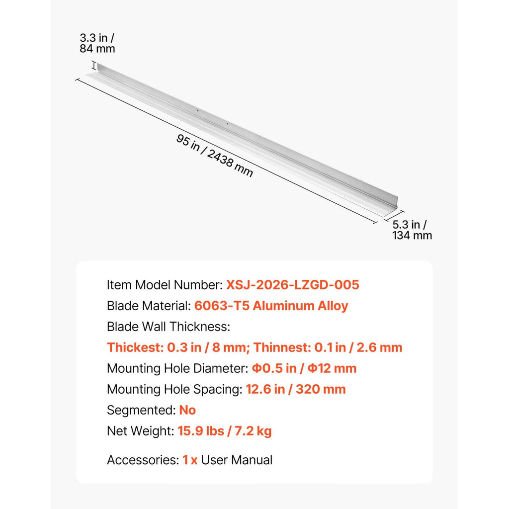 Aluminum screed blade size diagram showing length and mounting hole dimensions