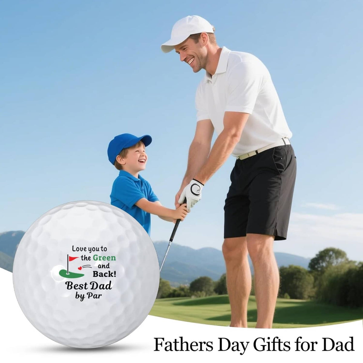 White golf ball on golf course with "Best Dad by Par" message