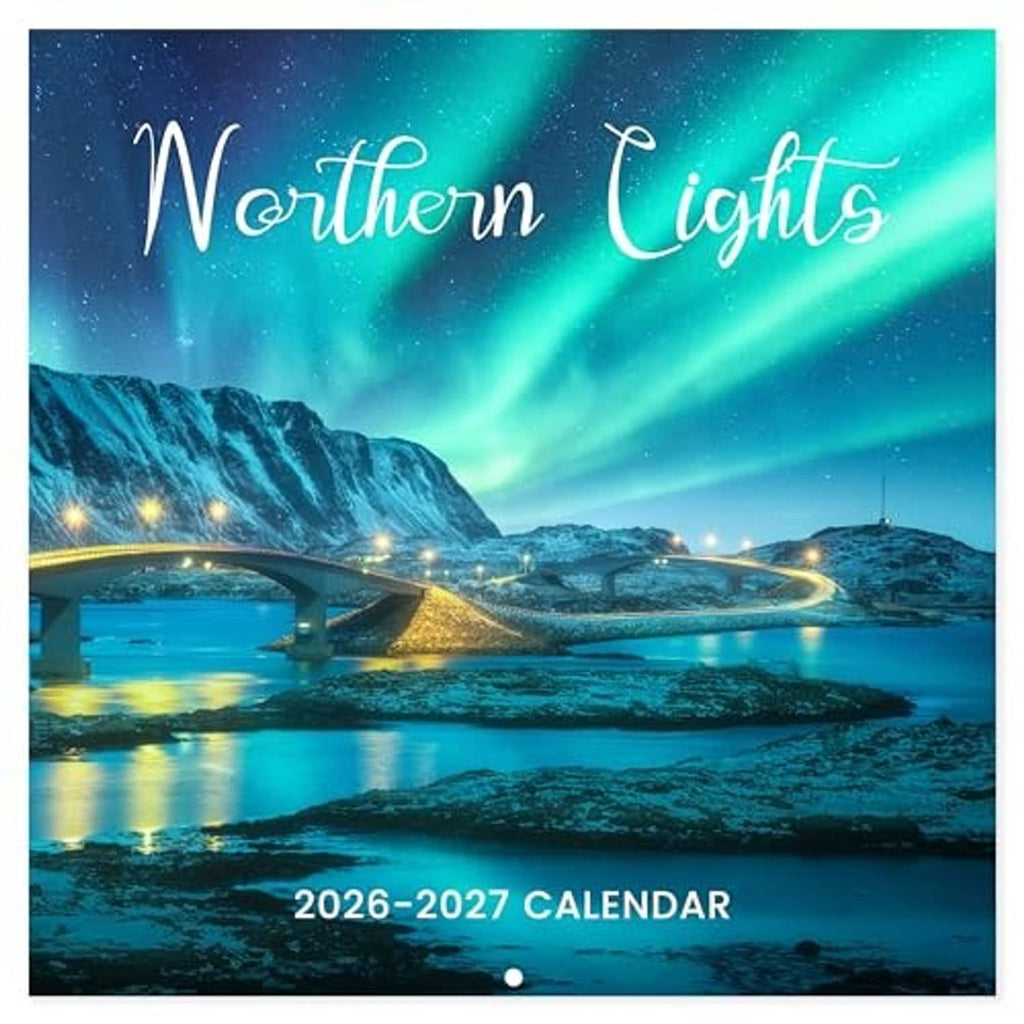 18-month wall calendar cover with aurora sky over mountains and 2026-2027 calendar text