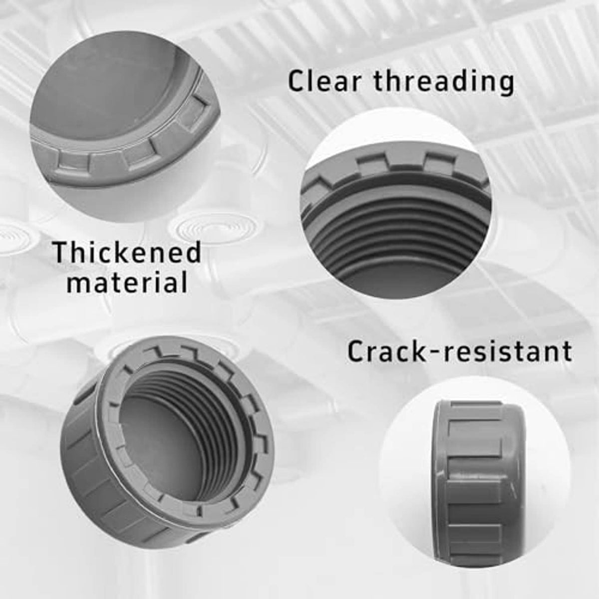 Gray PVC pipe end cap plugs with female threads and ribbed outer ring design