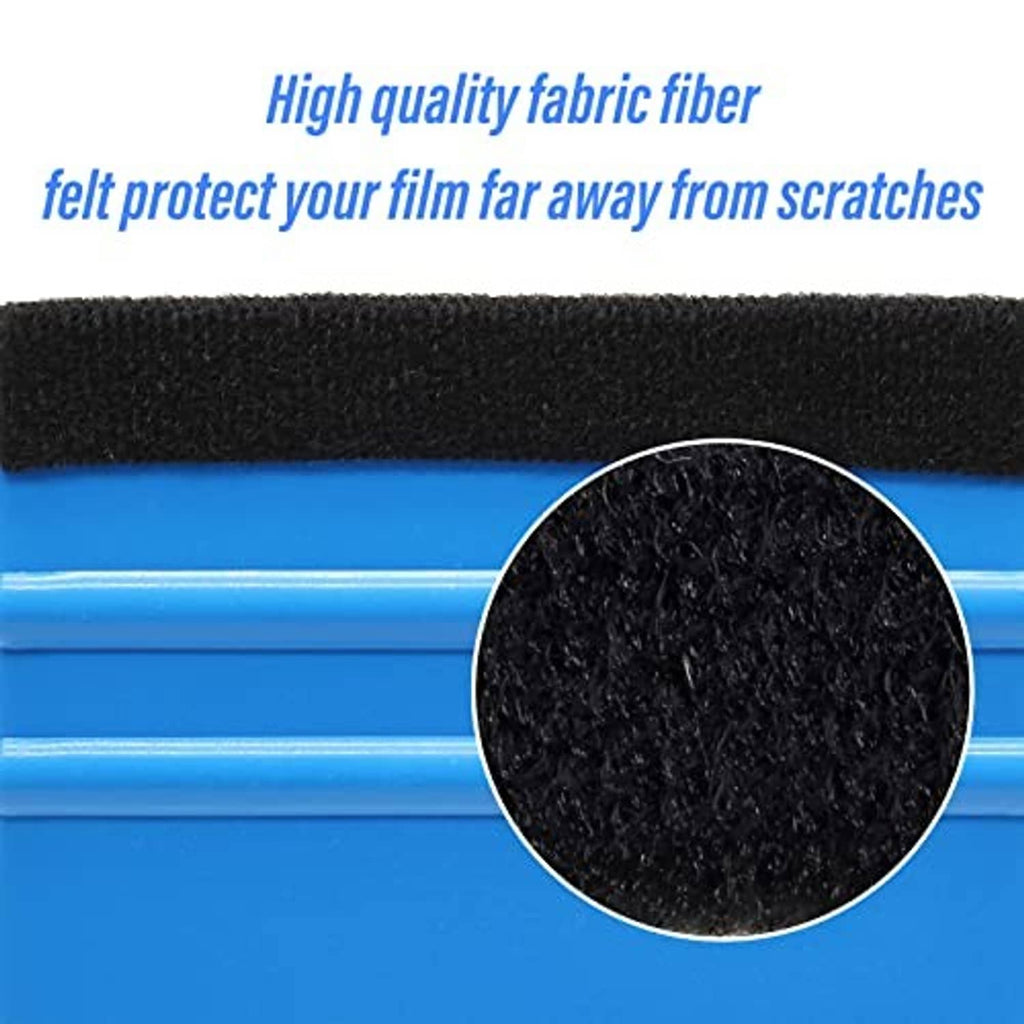 Blue plastic squeegee with thick black felt strip for protecting film from scratches.