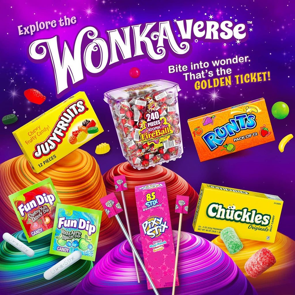 Wonka candy display graphic with assorted candy products