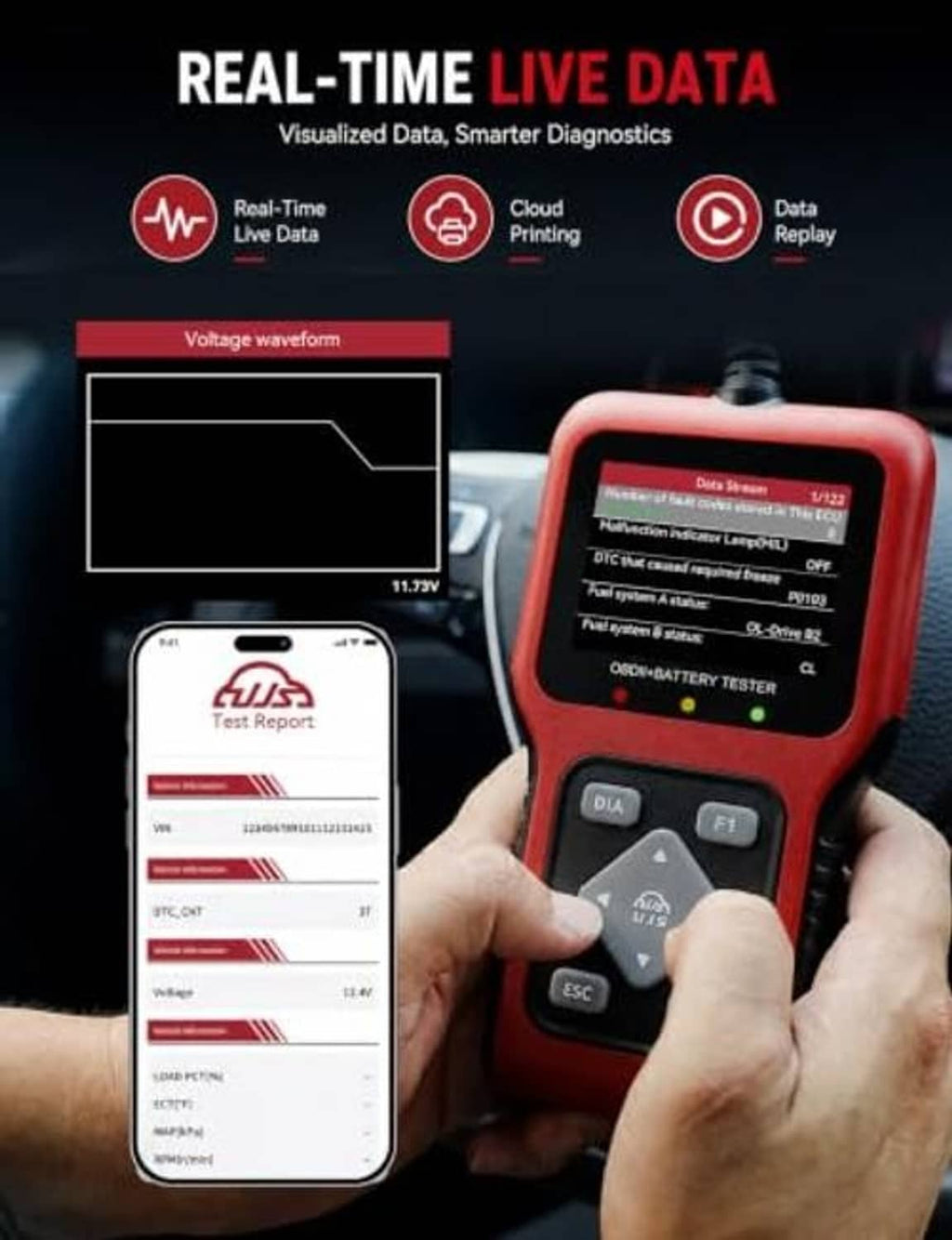Handheld red OBD2 scanner and 12V battery tester displaying real-time live data
