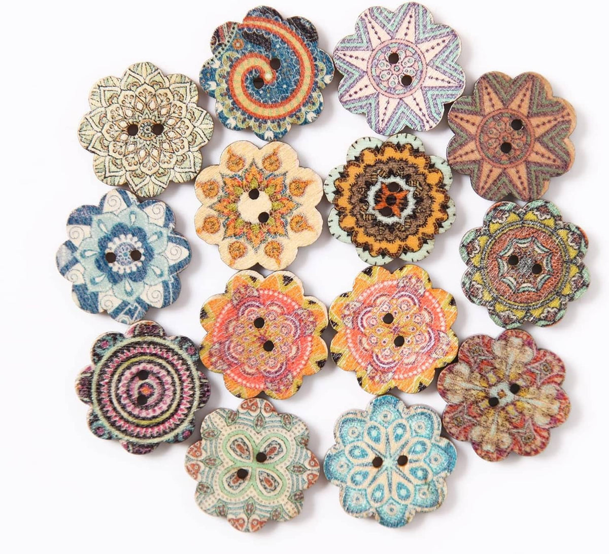 Assorted two-hole wooden flower buttons in colorful ornate patterns
