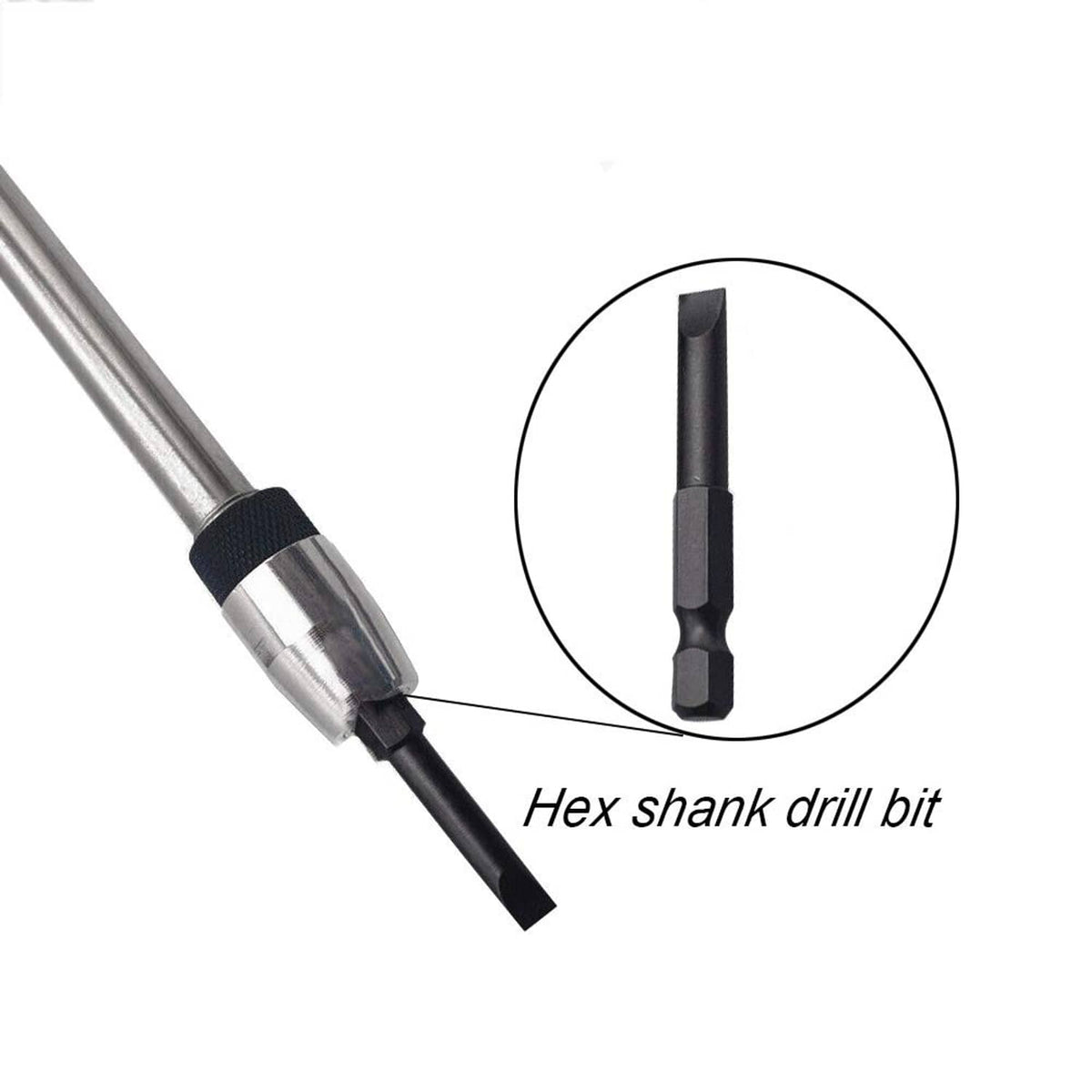 Bit holder extension holding a hex shank drill bit with black hex shank