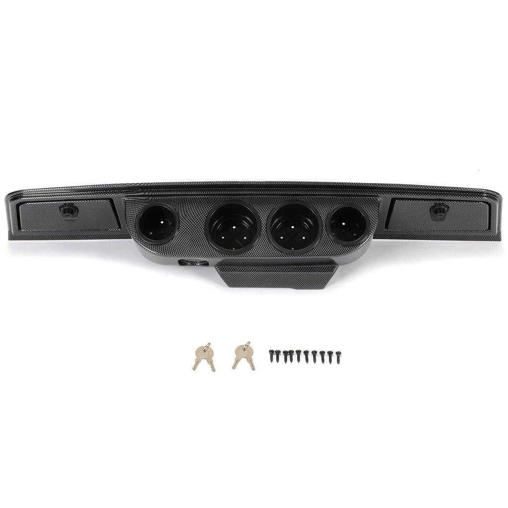 Carbon fiber dash cover panel with four cup holder openings and side mounting plates