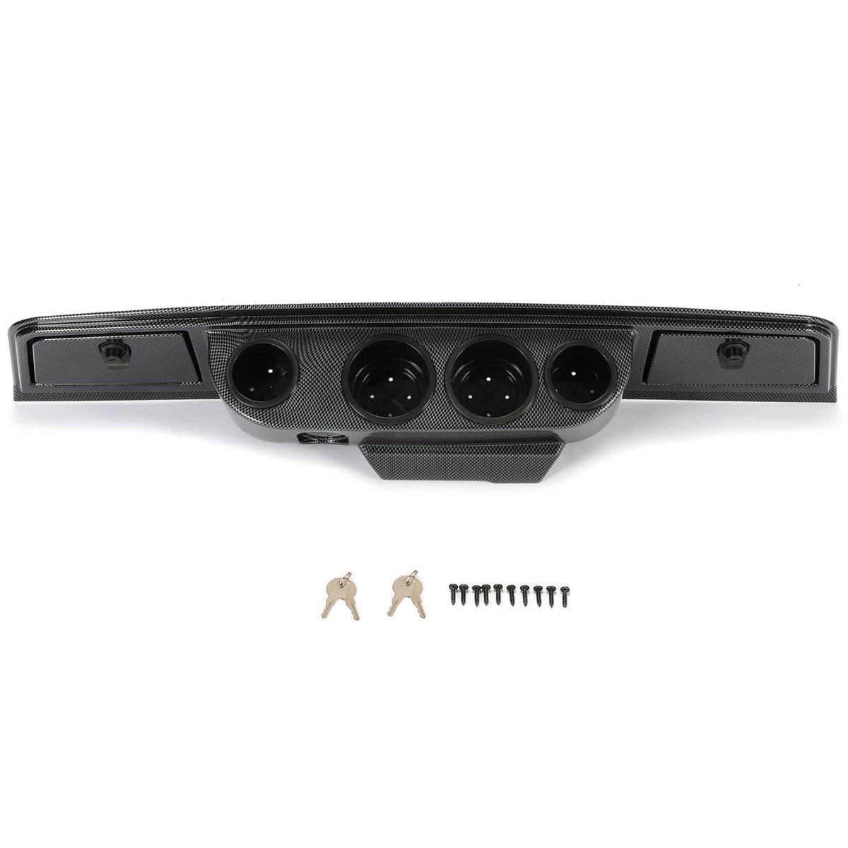 Carbon fiber dash cover panel with four cup holder openings and side mounting plates