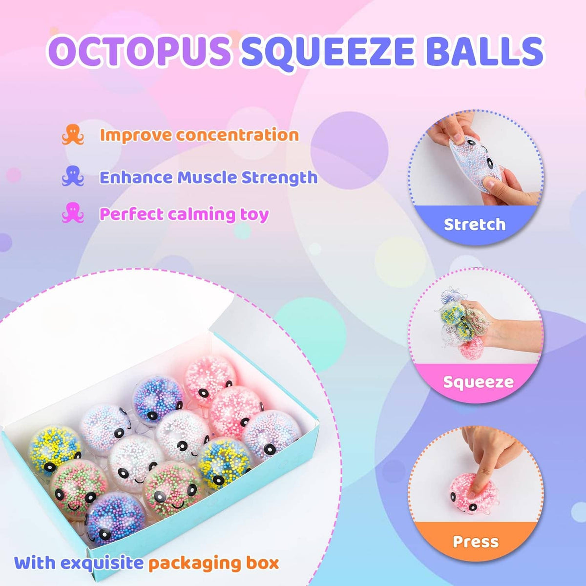 Octopus squeeze fidget balls with speckled texture, in a display box