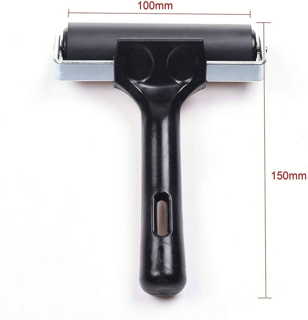 Rubber brayer roller with black grip and silver metal housing, shown with dimensions