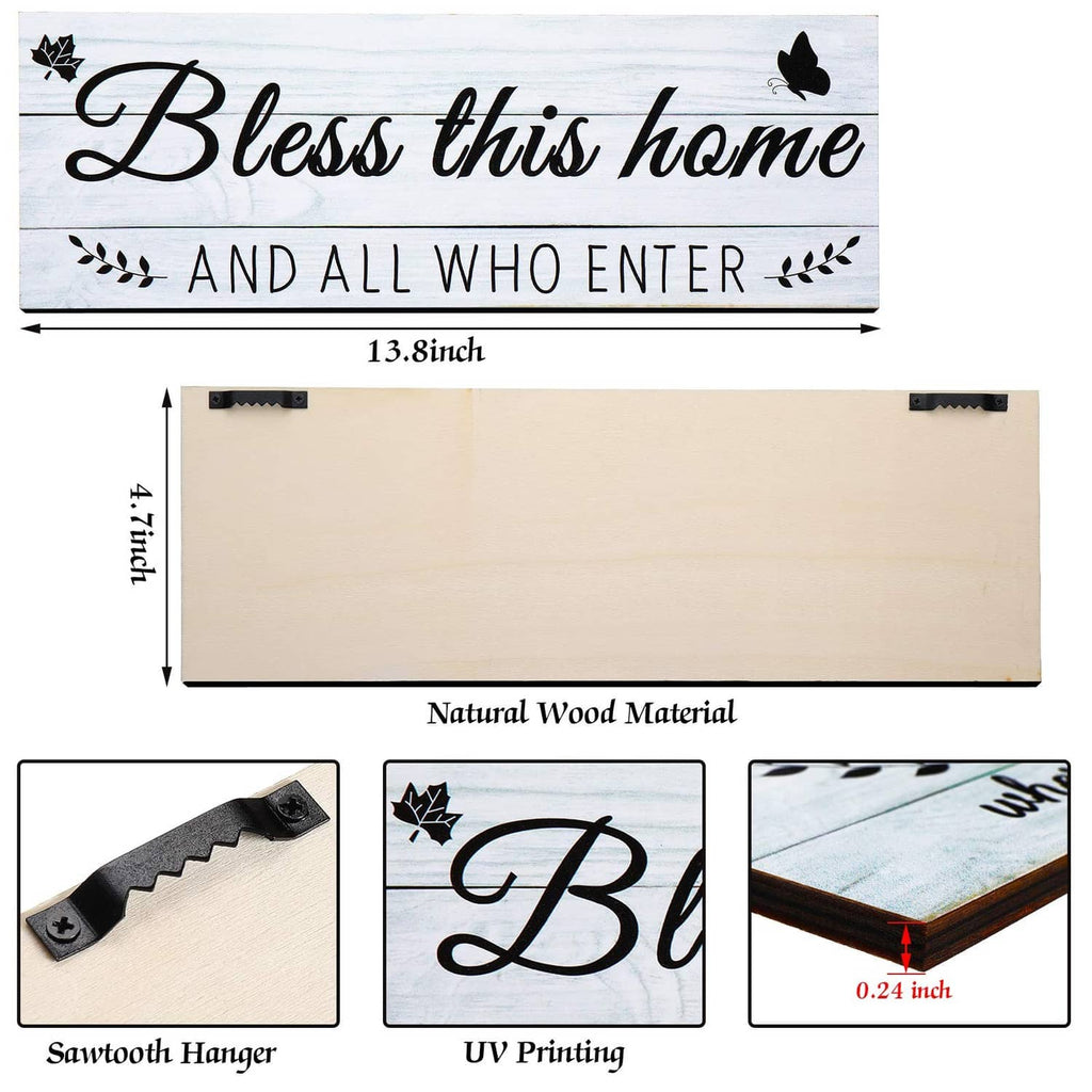 Wooden wall sign with “Bless this home” script, leaf accents, and small butterfly icons