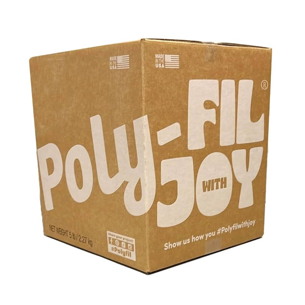 Brown cardboard box of Poly-fil polyester fiber fill with large logo print