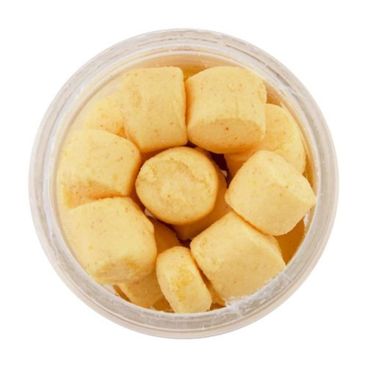 Yellow scented fishing bait pellets in clear plastic container