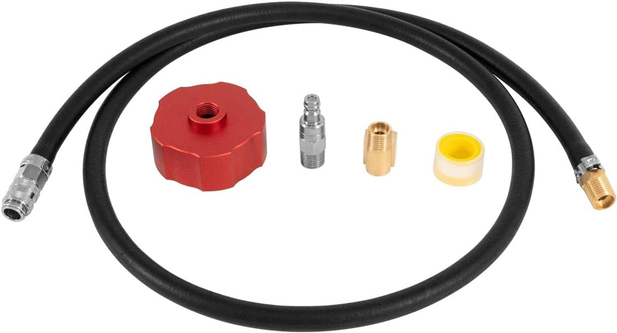 Fuel hose clam kit with black hose loop, red gas cap, and brass connector end fitting
