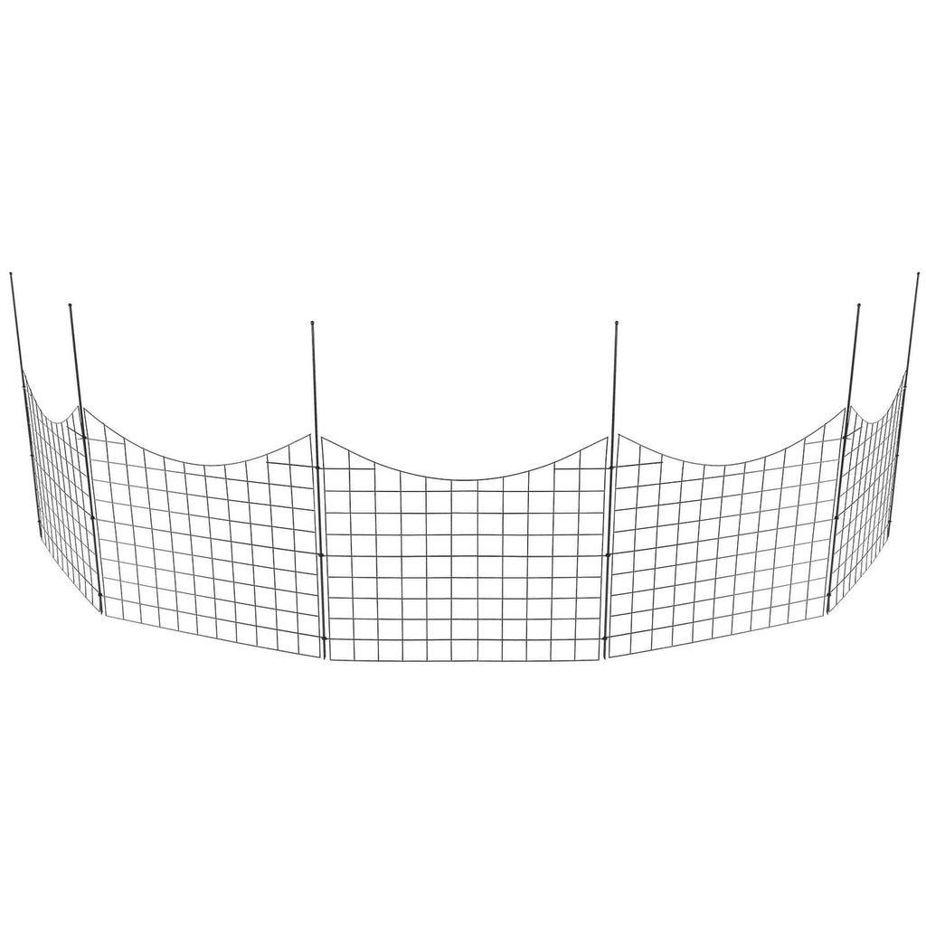 Curved garden fence panels with dark wire mesh and spaced vertical posts
