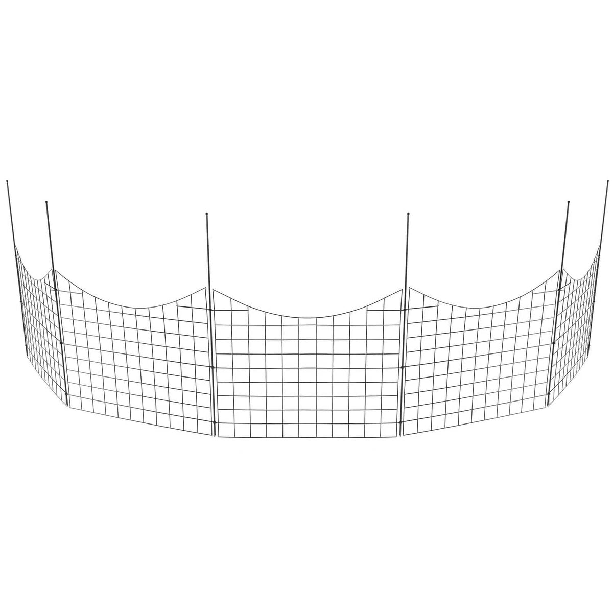 Curved garden fence panels with dark wire mesh and spaced vertical posts