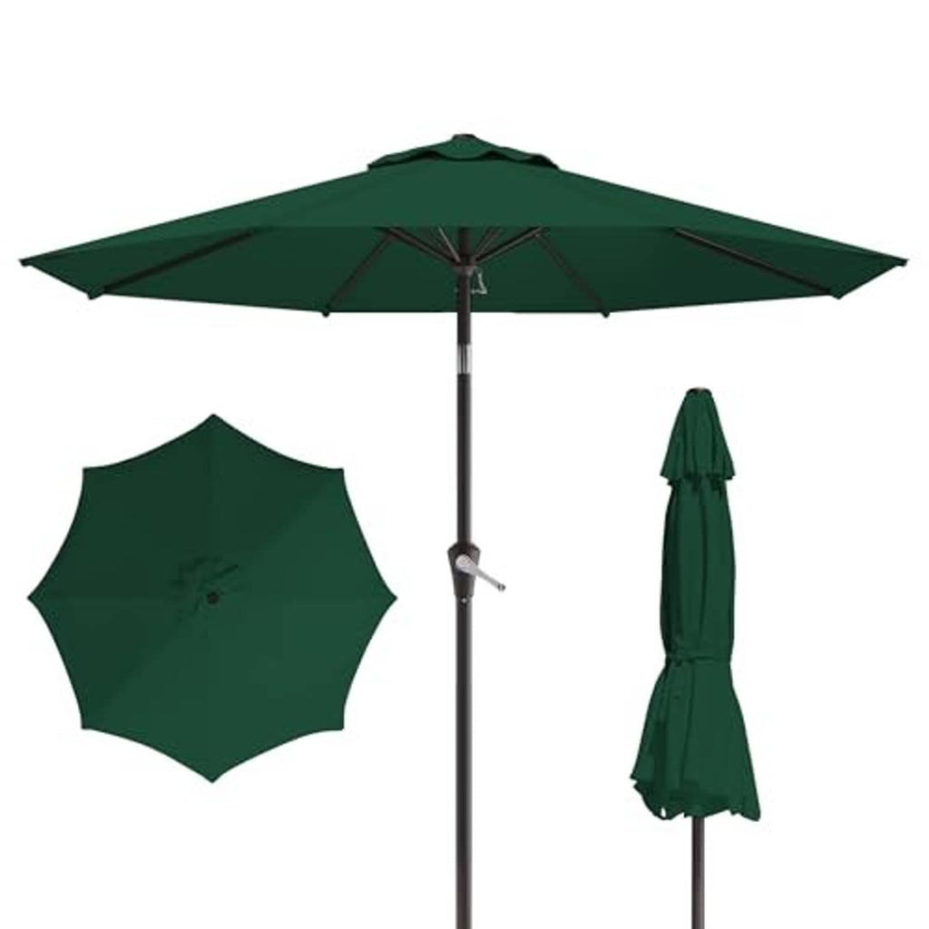 Dark green patio umbrella with canopy over center pole and hanging cover bag