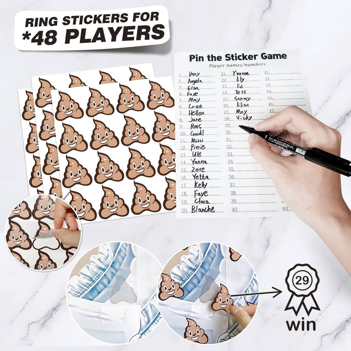 Pin the Sticker on the Diaper sticker sheet and score card with marker pen