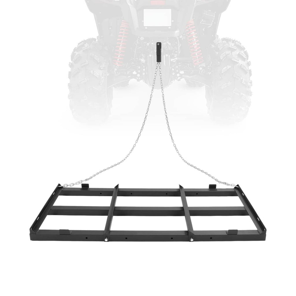 Black tow-behind drag harrow grader with chain-attached frame, front crossbars visible