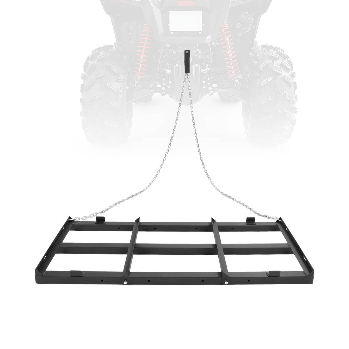 Black tow-behind drag harrow grader with chain-attached frame, front crossbars visible