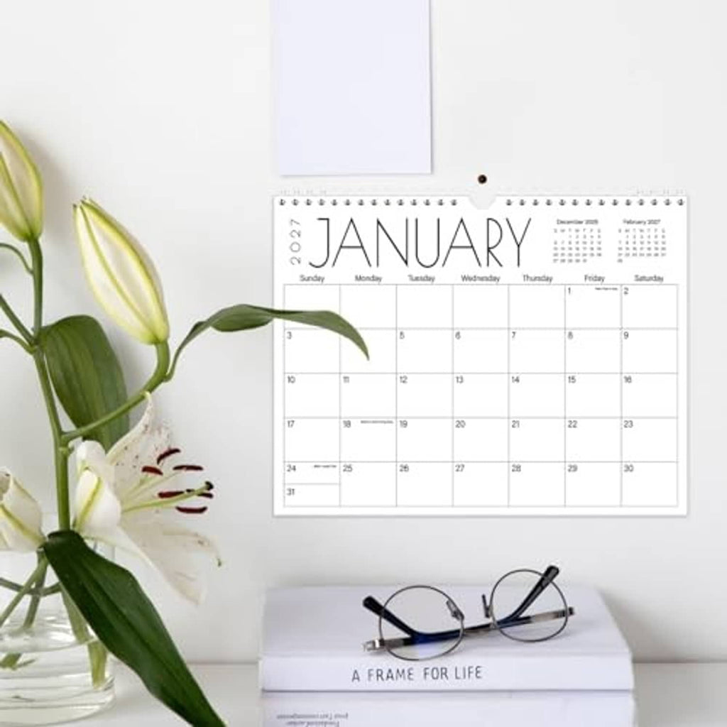 Wall calendar with spiral binding, January 2027 grid and black month title