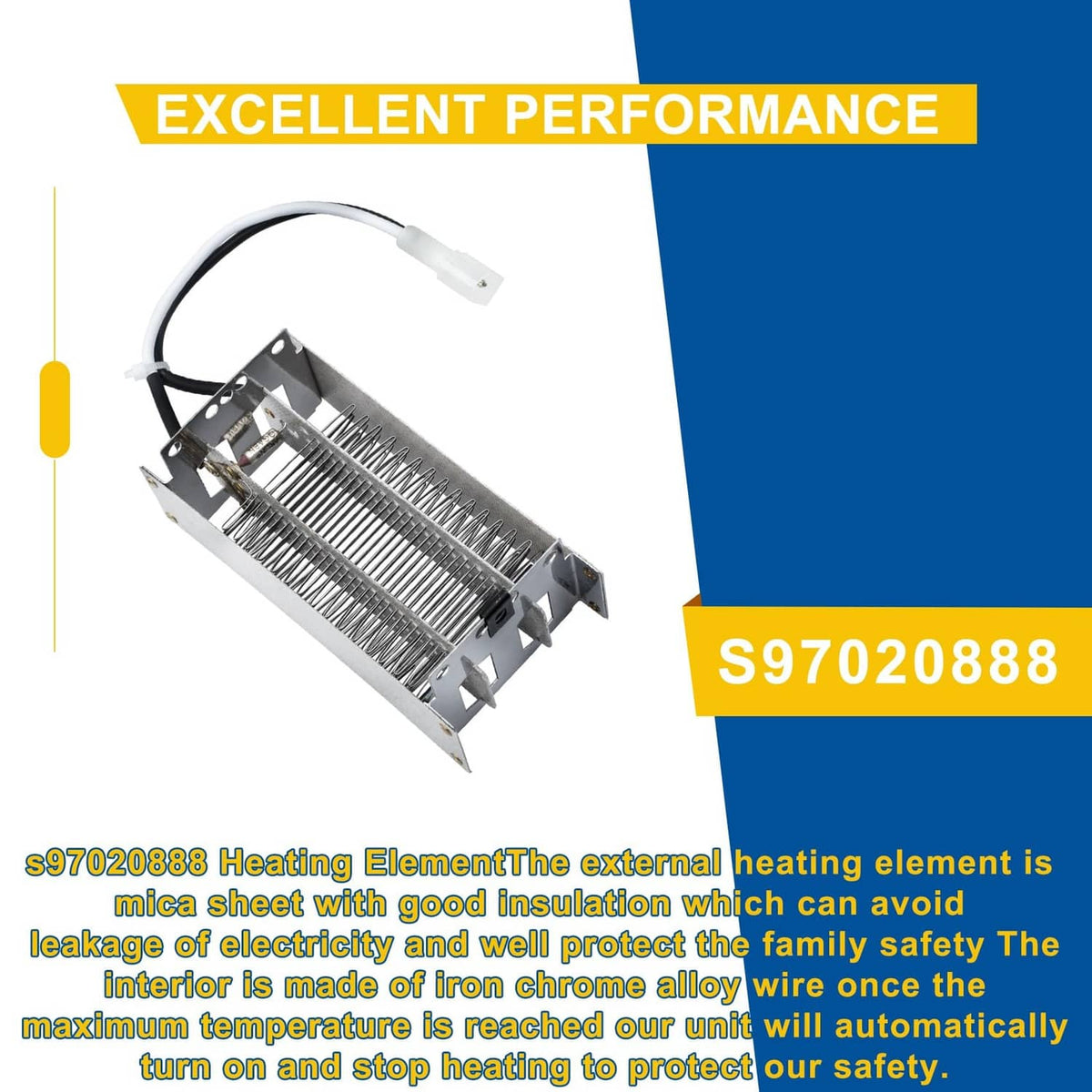 Bathroom fan heating element with metal fins, white cable, and connector end