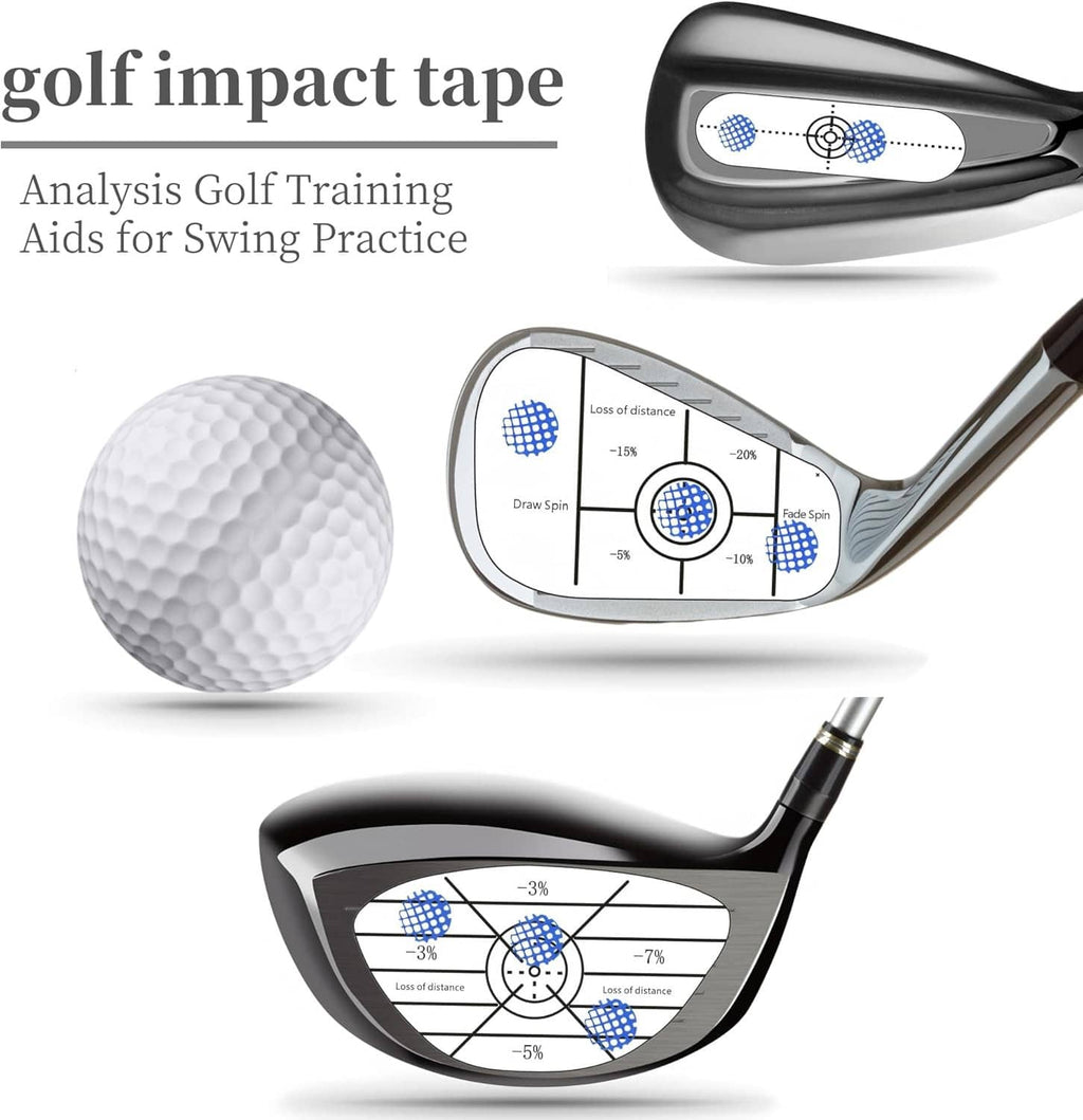 Golf impact tape labels applied to club faces with blue target marker circles