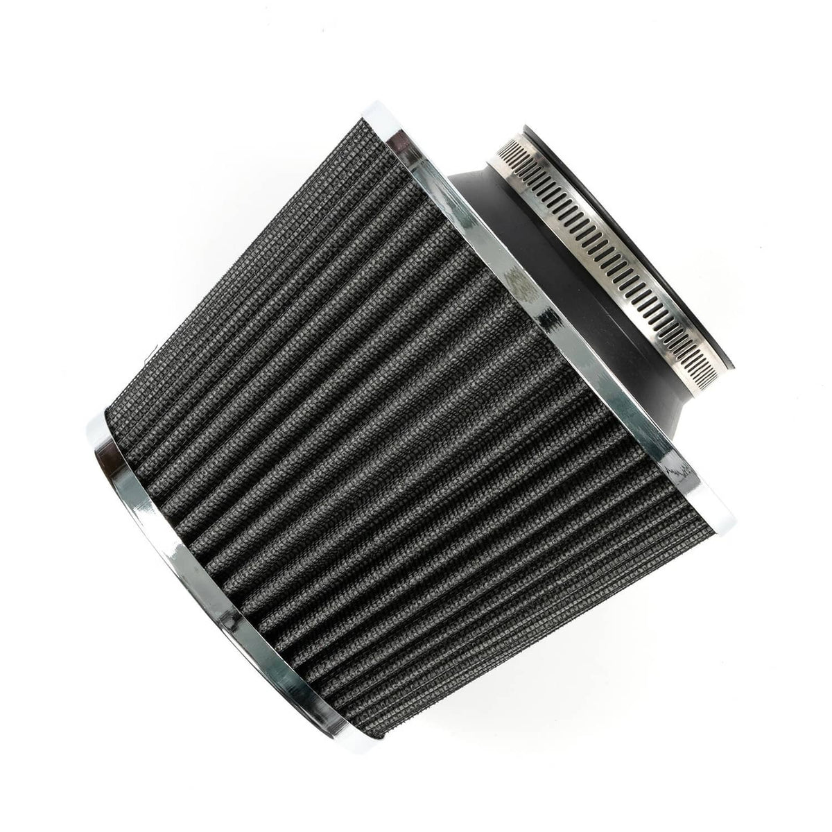 Cone air intake dry air filter with dark pleated mesh and silver metal base ring