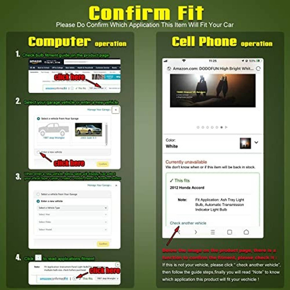 LED bulb fit confirmation guide with smartphone and computer application screenshots